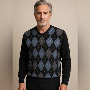 Neiman Marcus Wool Blend Argyle Sweater Men’s Size Large Black Blue Gray